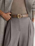 Reiss taupe leather belt with square gold buckle (British brand)