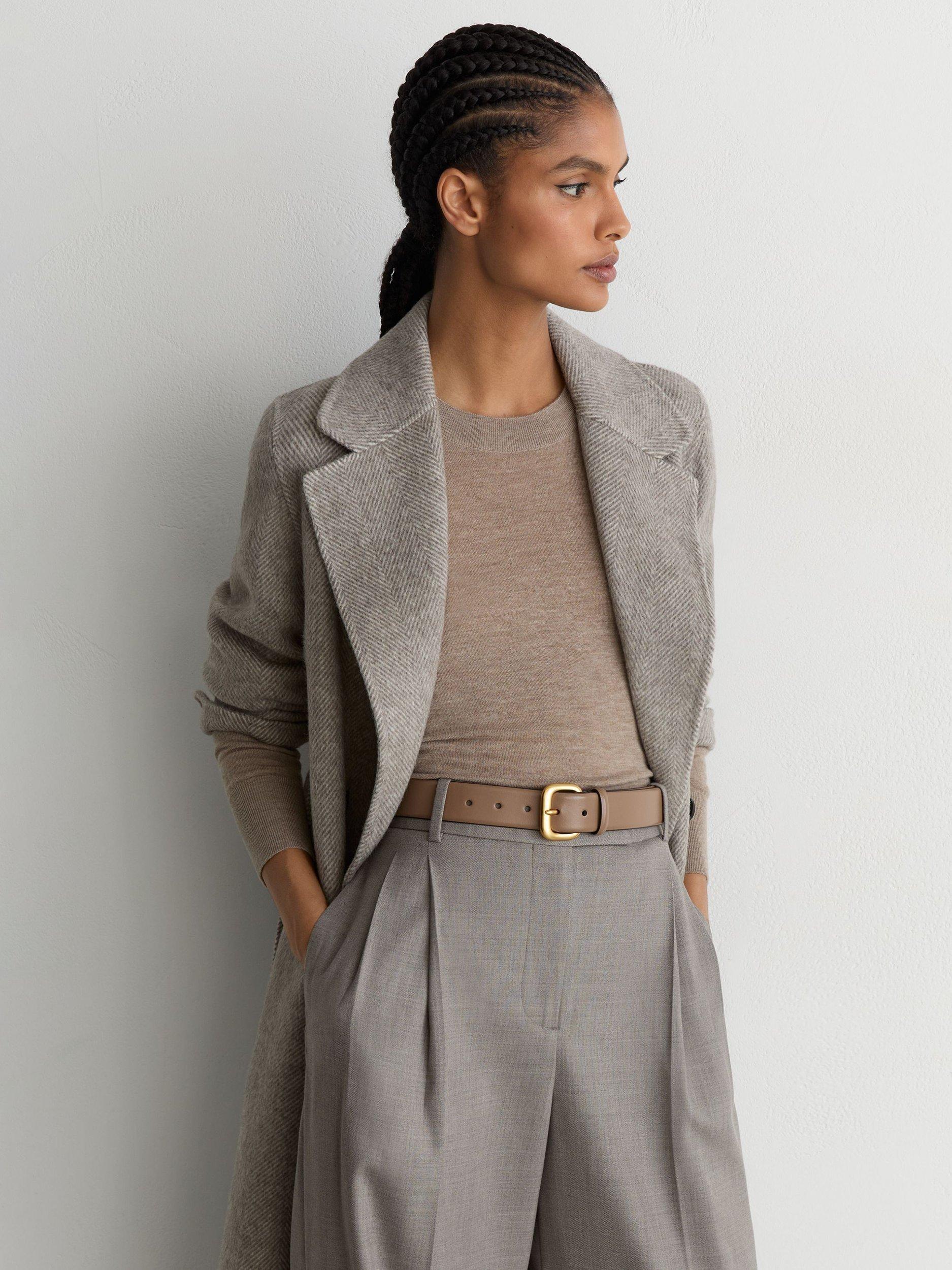 Reiss taupe leather belt with square gold buckle (British brand)