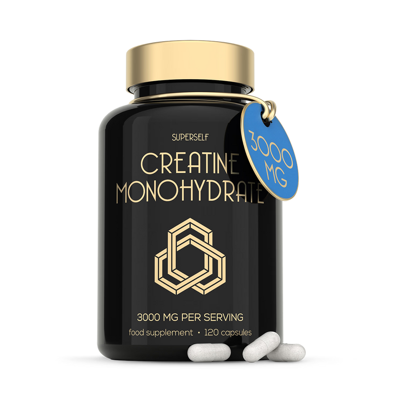 SuperSelf Creatine Monohydrate 3000mg capsules, imported from the UK