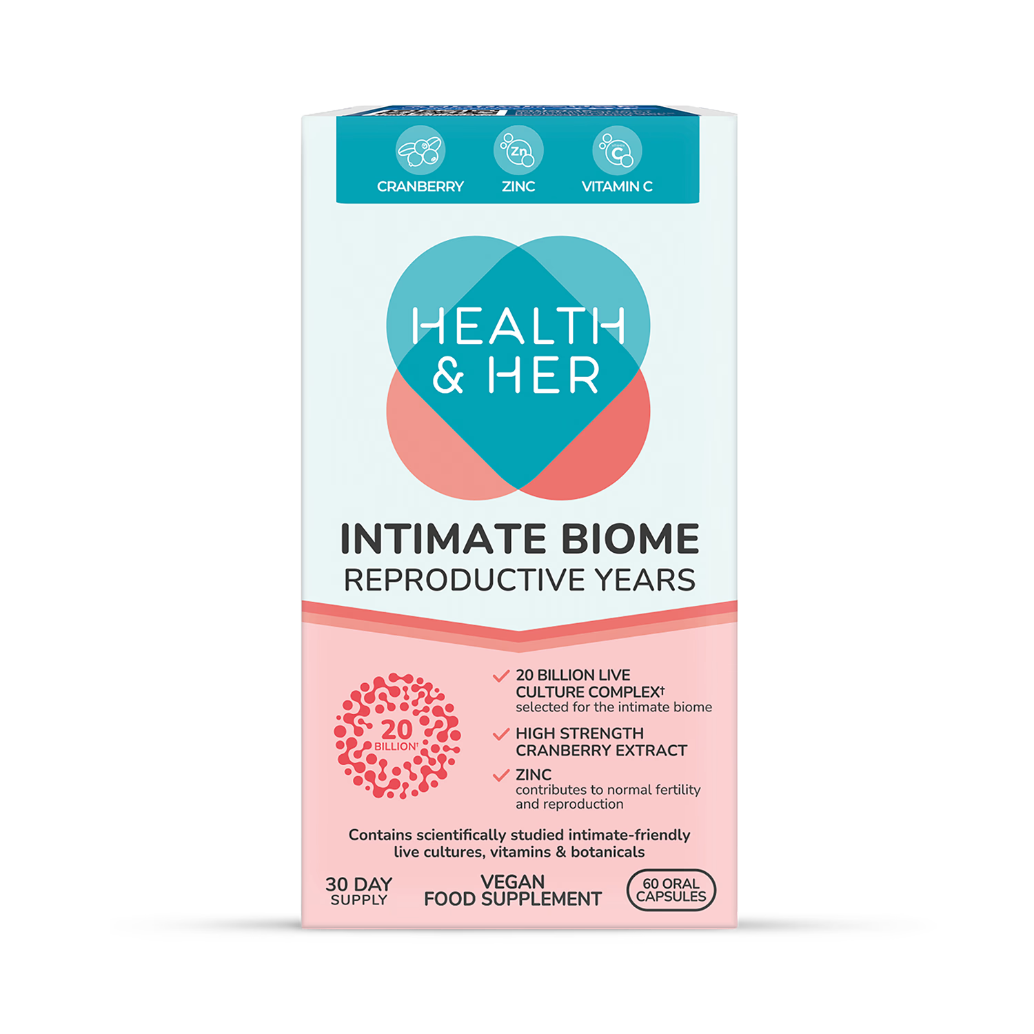 Health & Her Intimate Biome Reproductive Years 60 capsules, imported from the UK
