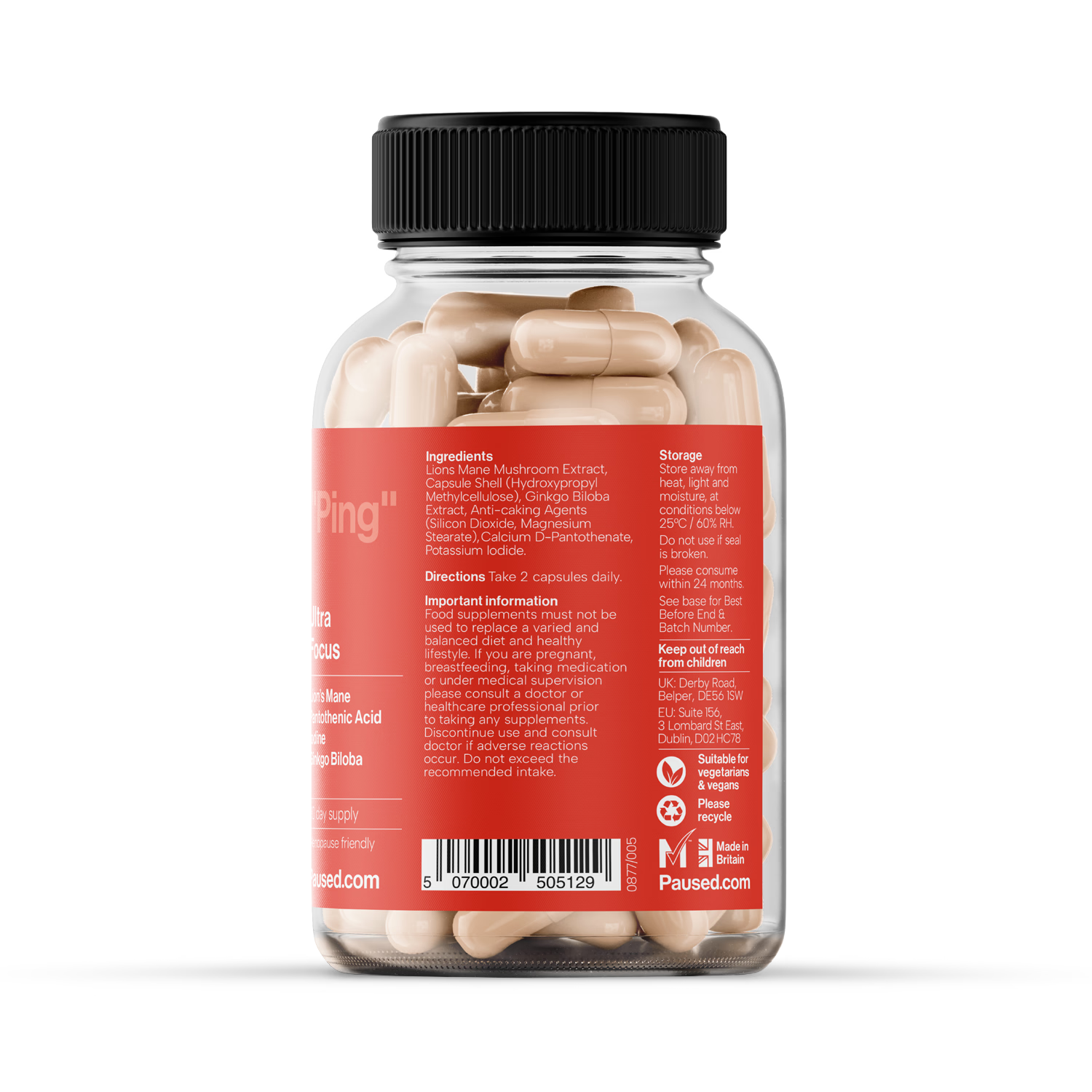 Paused Lions Mane Ultra Focus supplement 60 capsules, UK version