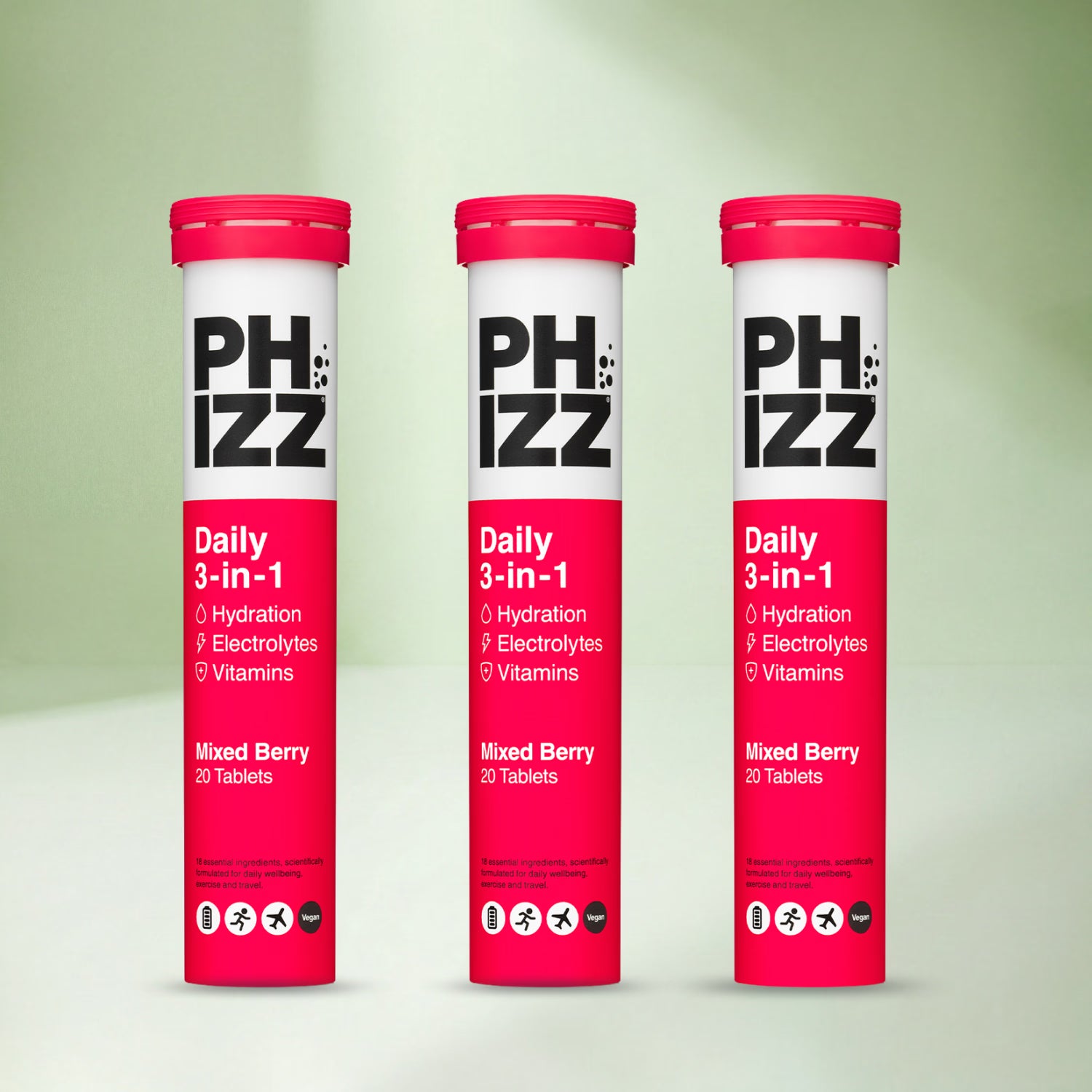 Phizz Daily Energy mixed berry hydration effervescent tablets, UK version