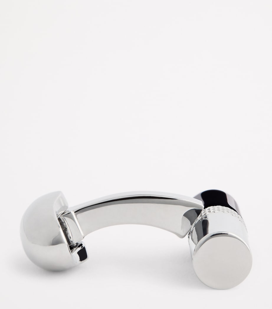 Babette Wasserman rhodium-plated stone bar cufflinks with onyx tips, imported from the UK