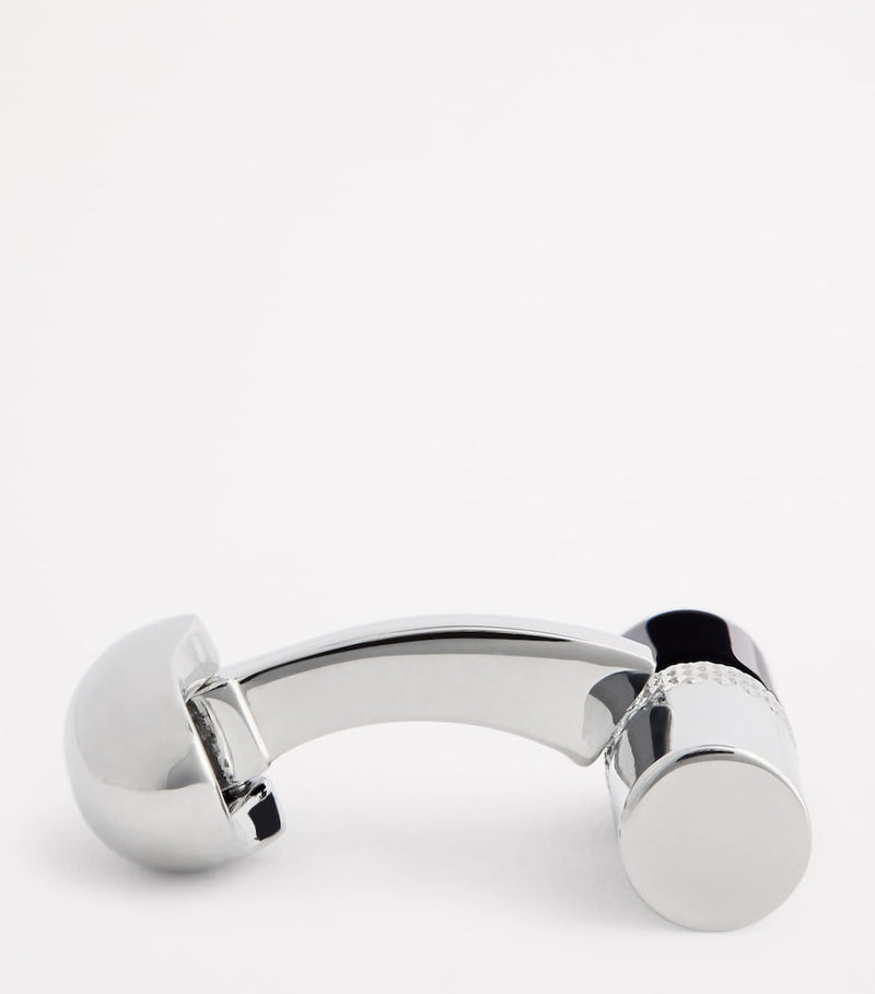 Babette Wasserman rhodium-plated stone bar cufflinks with onyx tips, imported from the UK