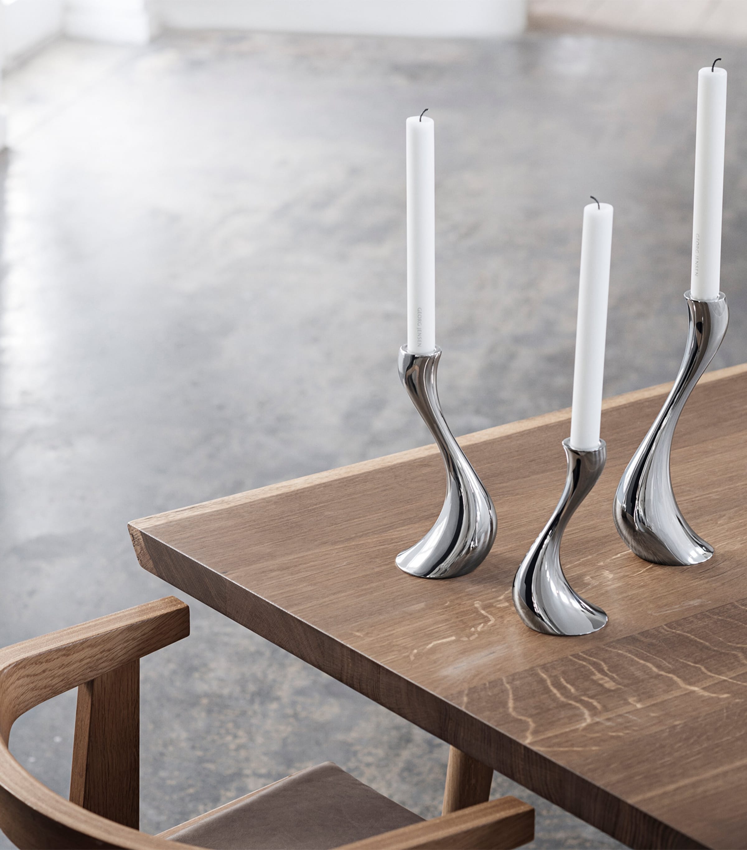 Georg Jensen Cobra candle holder set of three stainless steel holders, UK version