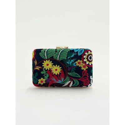 Superdrug SVNX Black Square Clutch With Multicoloured Embroidered Florals- Buy online at McGrocer