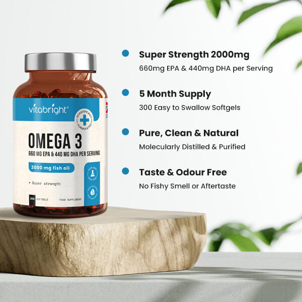 VitaBright Omega 3 fish oil supplement 2000mg 300 softgels, UK version