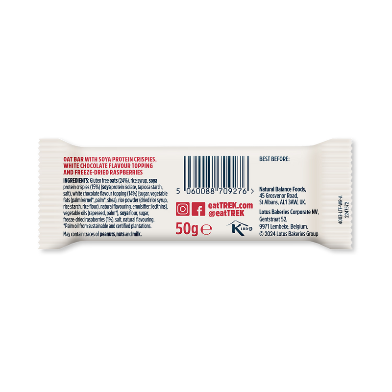 TREK protein flapjack white chocolate raspberry 50g (British brand)