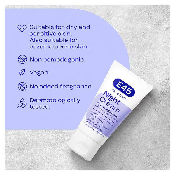 E45 Night Cream Face Moisturiser 50ml - British product