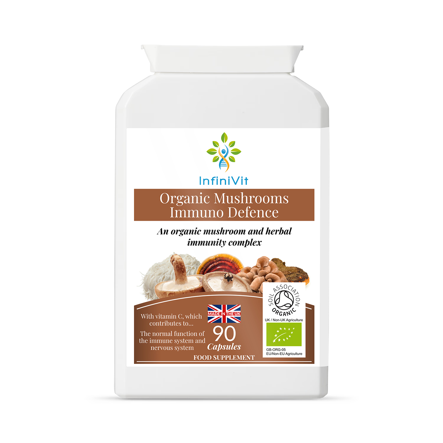 InfiniVit mushroom supplement Immuno Defence 90 capsules, imported from the UK