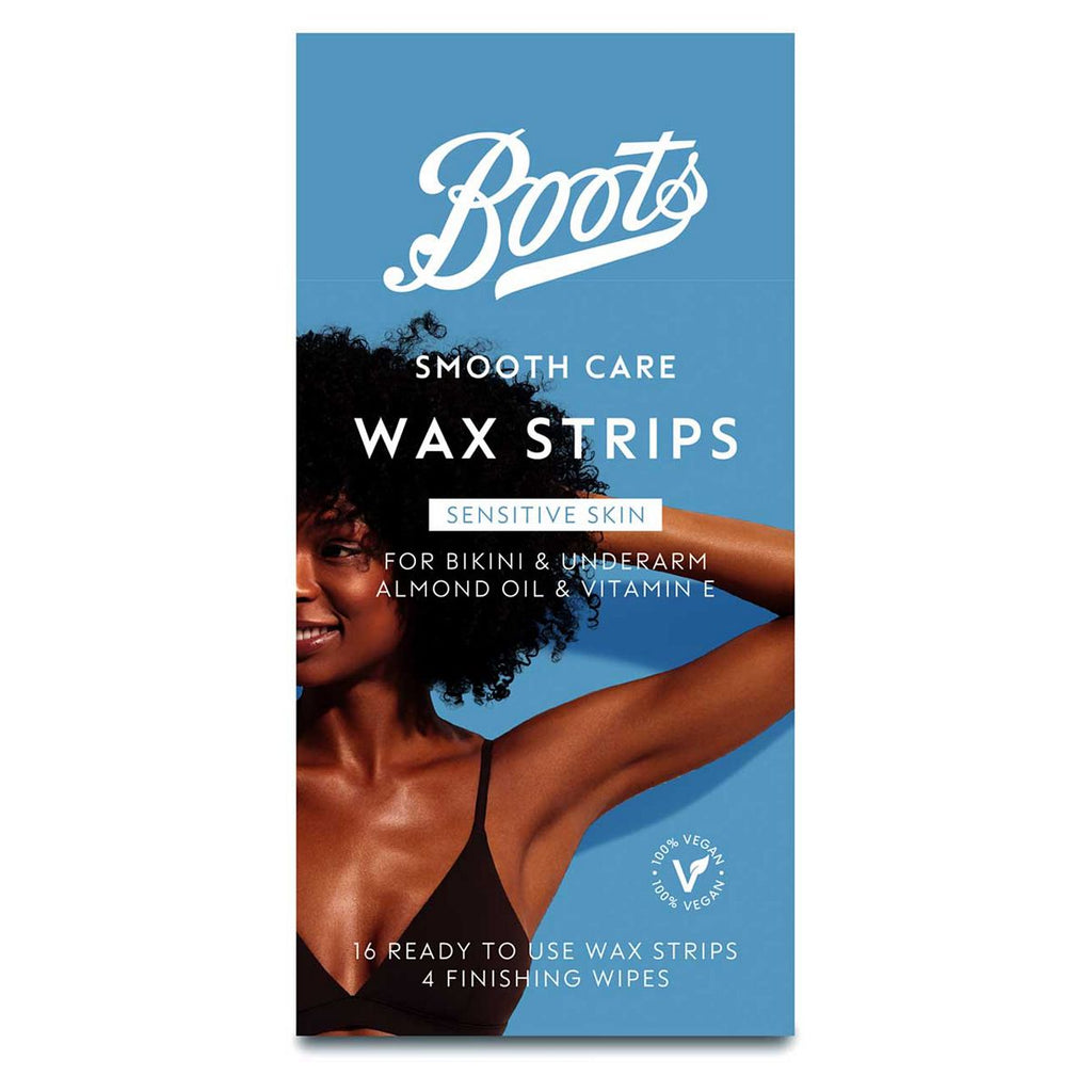 Boots Smooth Care Wax Strips Sensitive Bikini & Underarm 16pk + Perfect Finishing Wipes 4pk