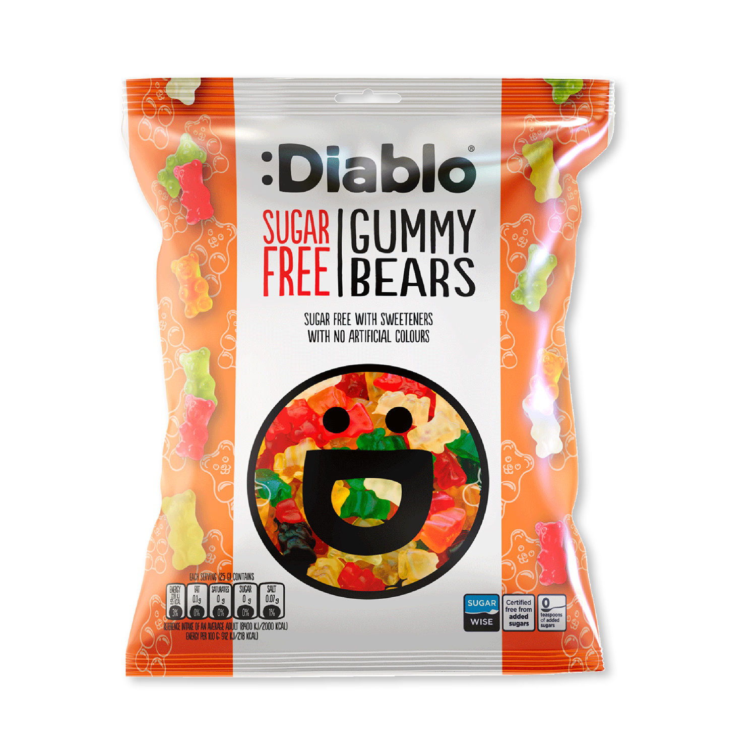 Diablo sugar free gummy bears assorted fruit flavours 75g - British product