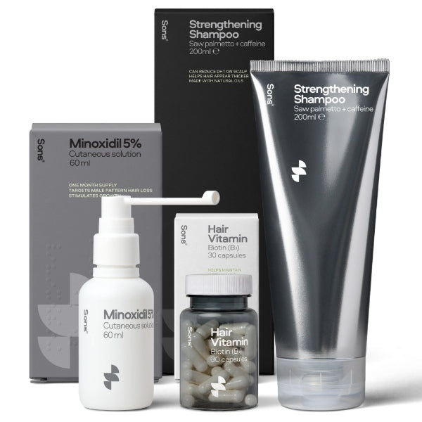 Sons Minoxidil 5% hair loss treatment system with shampoo and biotin (British brand)