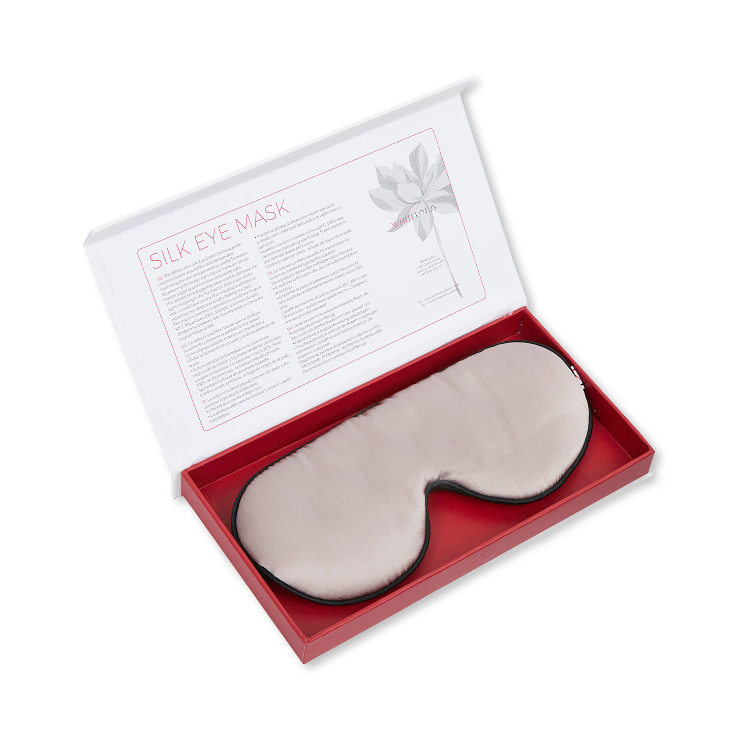 White Lotus Beauty 100% mulberry silk sleep mask, imported from the UK