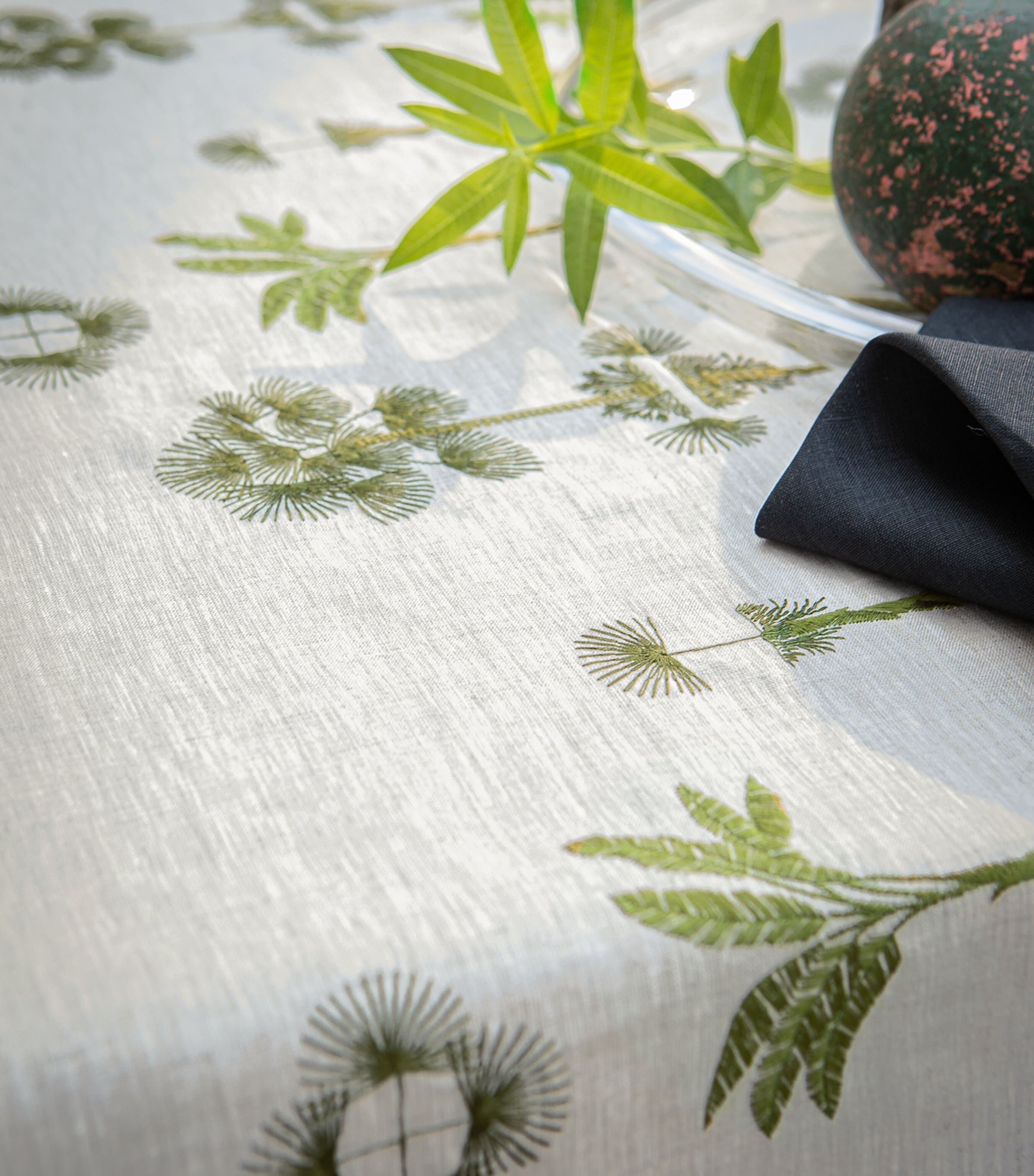 Embroidered Palm Print Linen Tablecloth 170cm x 250cm