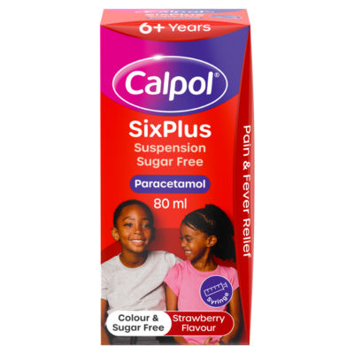 ASDA Calpol SixPlus Sugar-Free Paracetamol Suspension Strawberry Flavour Children's Pain Relief Suspension 80ml- Buy online at McGrocer