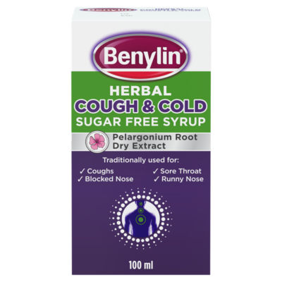 Benylin herbal cough syrup sugar free 100ml (British brand)