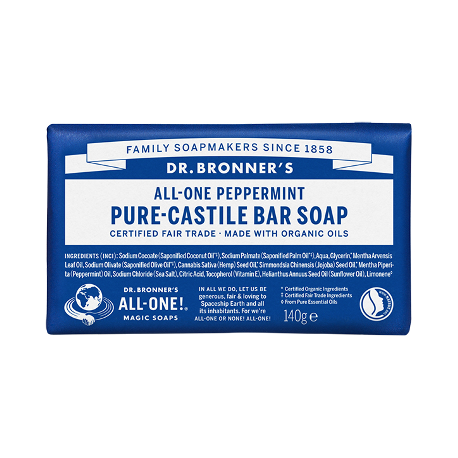 Dr Bronner All-One Almond Pure-Castile Bar Soap 140g - Peppermint