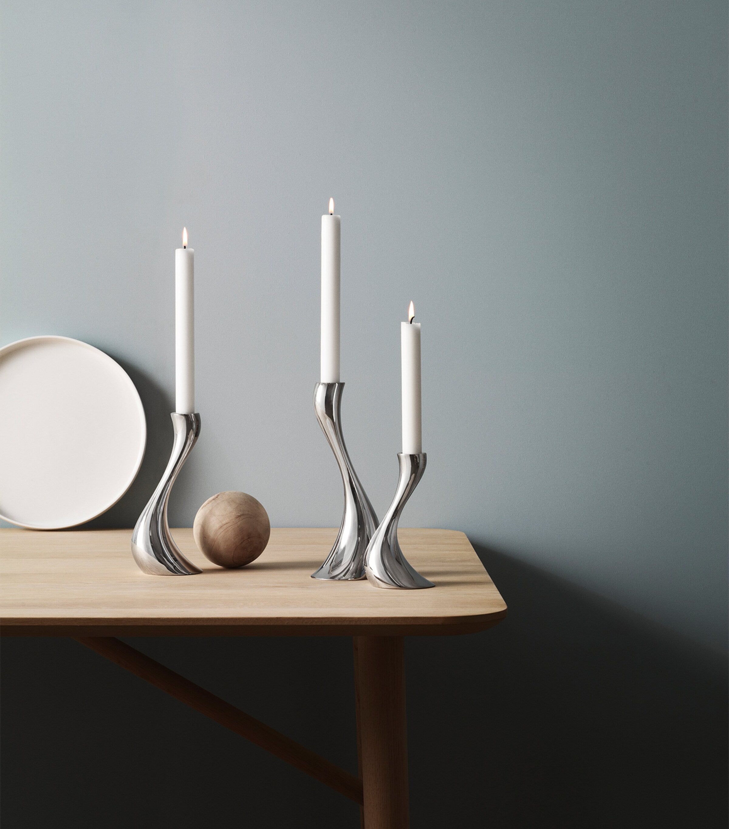 Georg Jensen Cobra candle holder set of three stainless steel holders, UK version