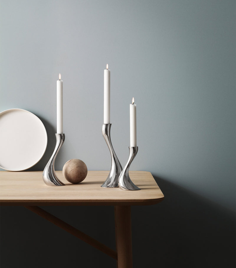 Georg Jensen Cobra candle holder set of three stainless steel holders, UK version