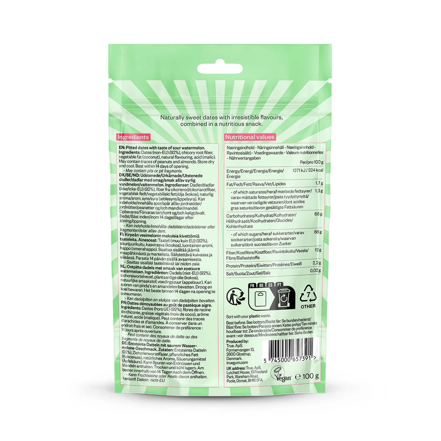 True Dates sour watermelon snack 100g - British product