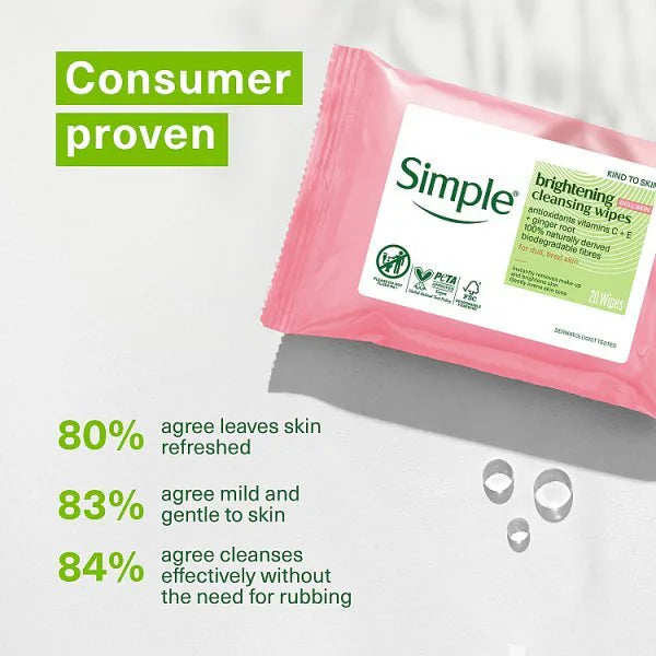 Simple Protect N Glow biodegradable face wipes instant glow pack of 20 (British brand)
