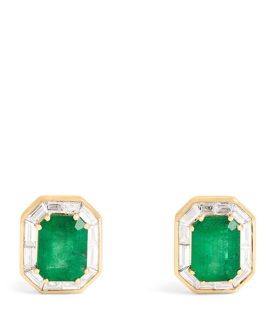 SHAY yellow gold emerald diamond halo earrings, imported from the UK
