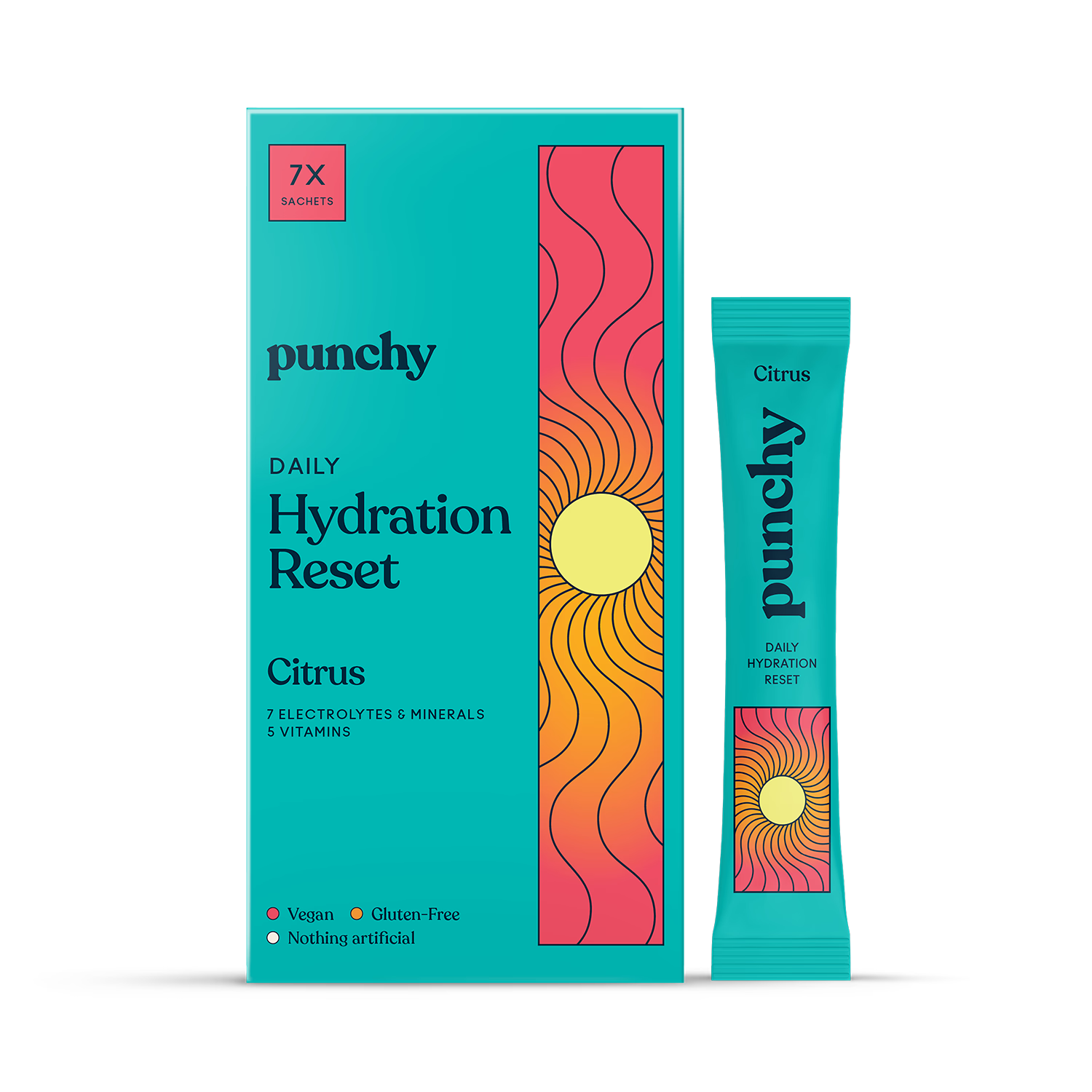 Punchy daily hydration reset citrus sachets, imported from the UK