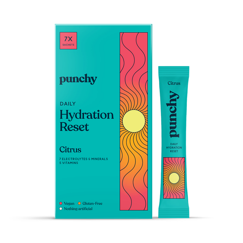 Punchy daily hydration reset citrus sachets, imported from the UK