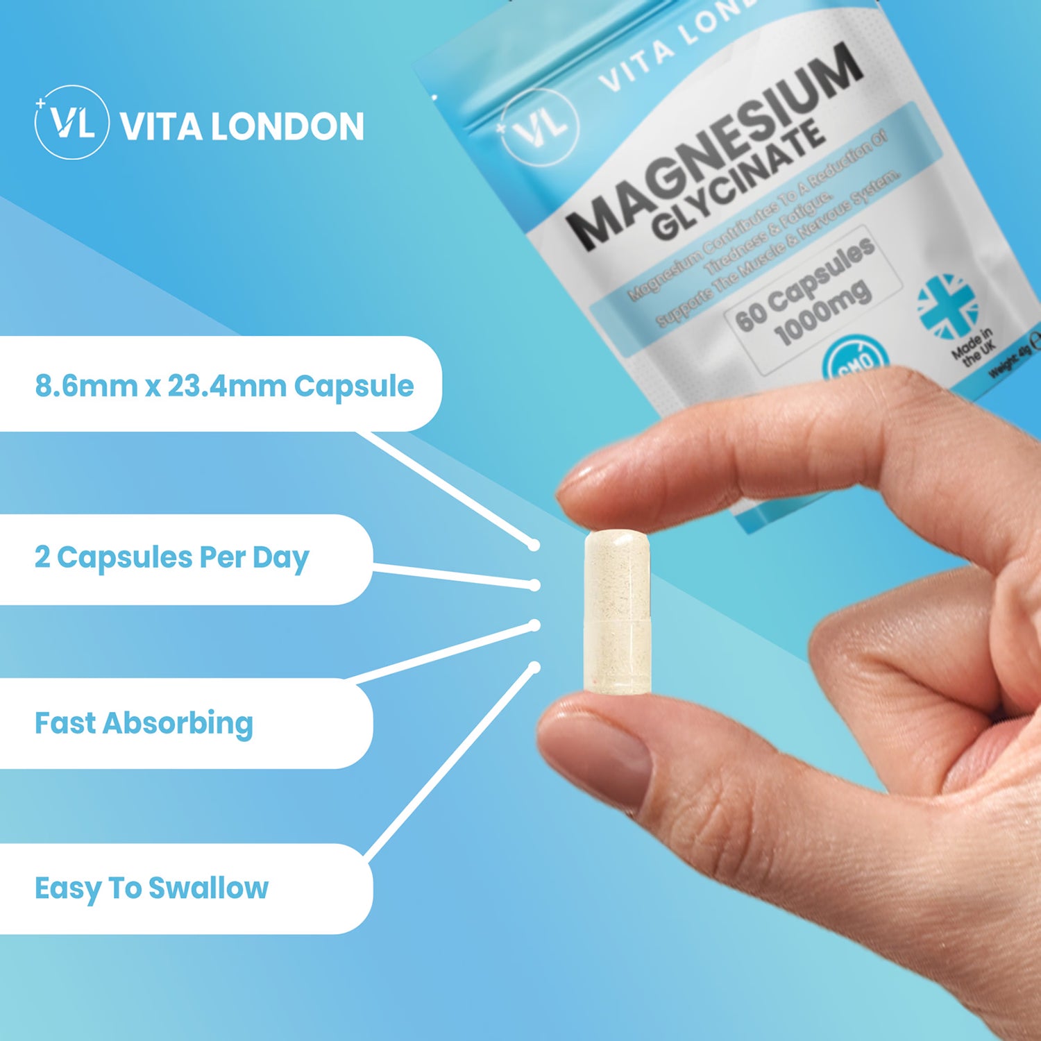 Vita London Magnesium Glycinate capsules 1000mg 60 caps (British brand)