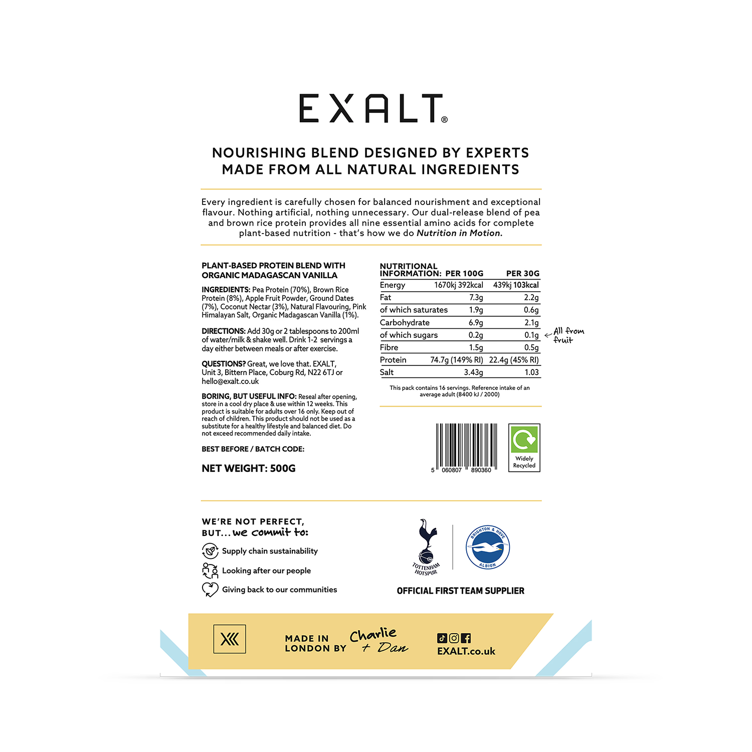EXALT Madagascan Vanilla vegan protein powder - British product