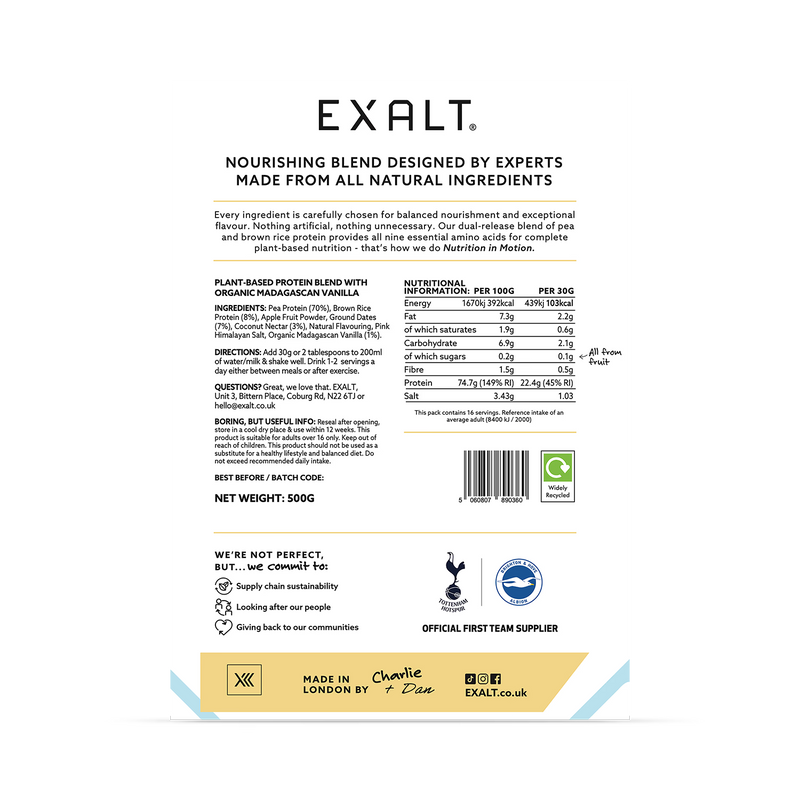 EXALT Madagascan Vanilla vegan protein powder - British product