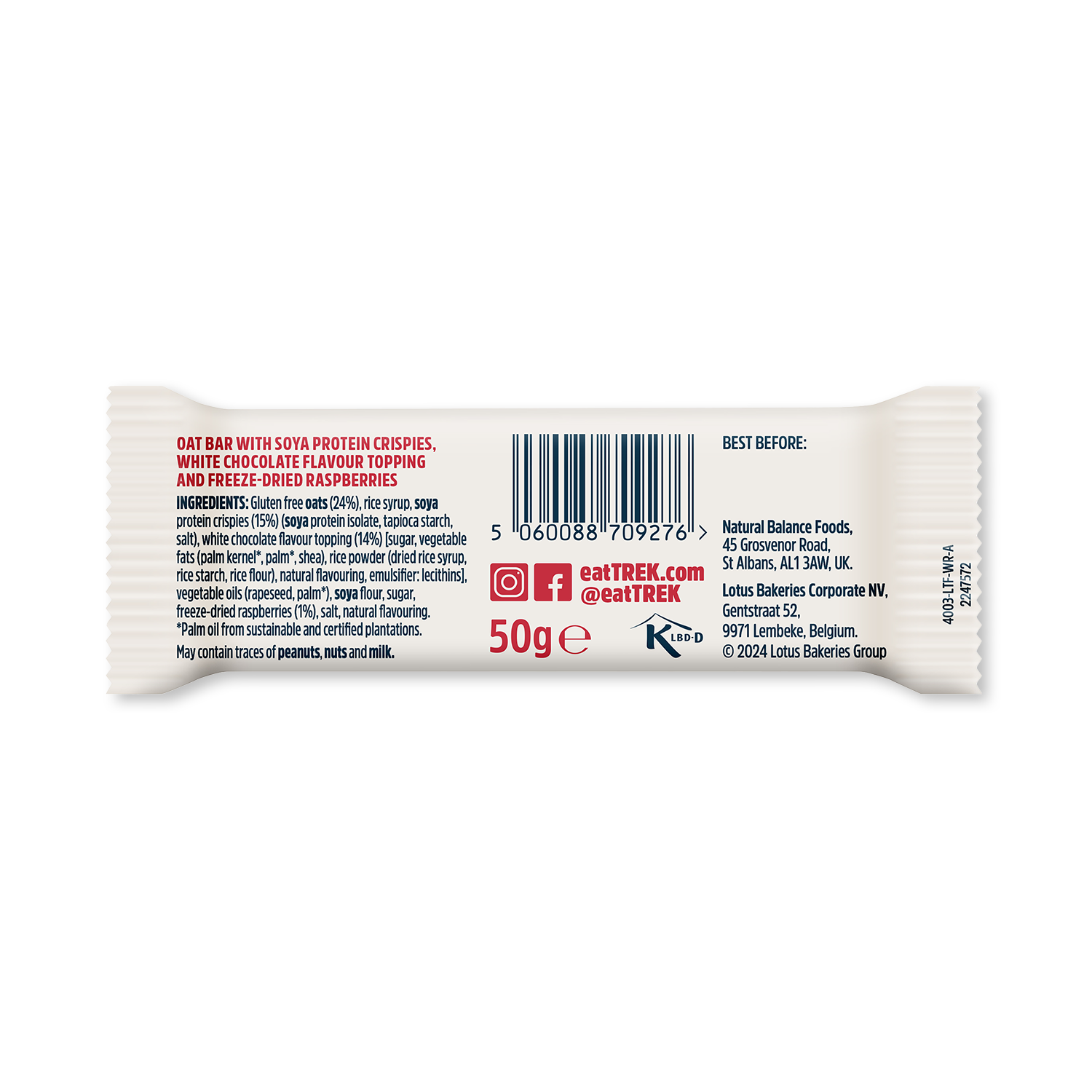 TREK protein flapjack white chocolate raspberry 50g (British brand)