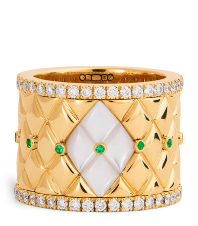 Harrods Yellow Gold Diamond Emerald and Pearl Ring Size 53- Buy online at McGrocer