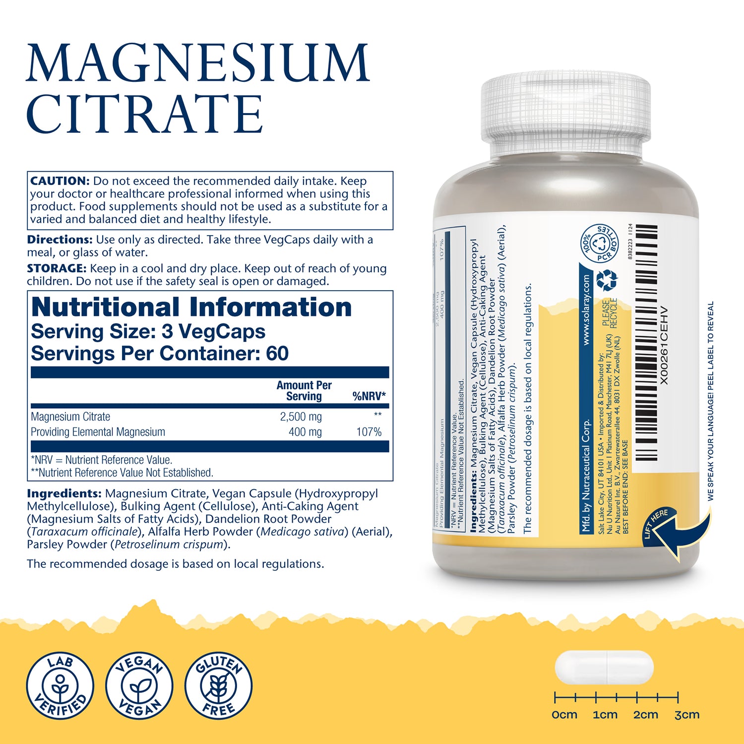 Solaray magnesium citrate capsules 400mg 180 count, imported from the UK