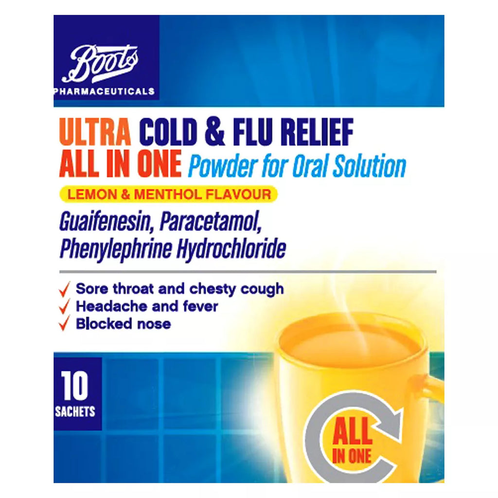 Boots Pharmaceuticals Ultra Cold & Flu Relief All in One Powder for Oral Solution - 10 Sachets