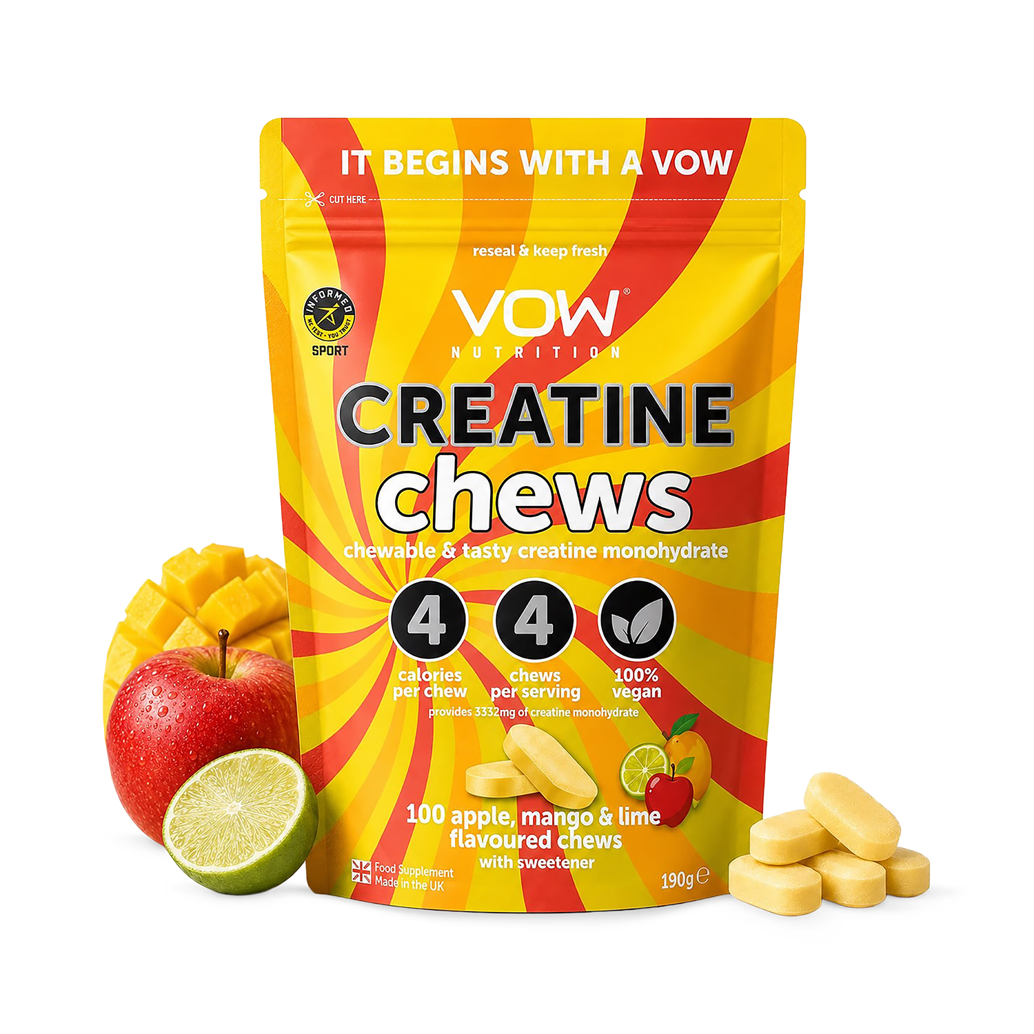 Vow Nutrition Creatine Chews Apple Mango & Lime 100 Chews, UK version