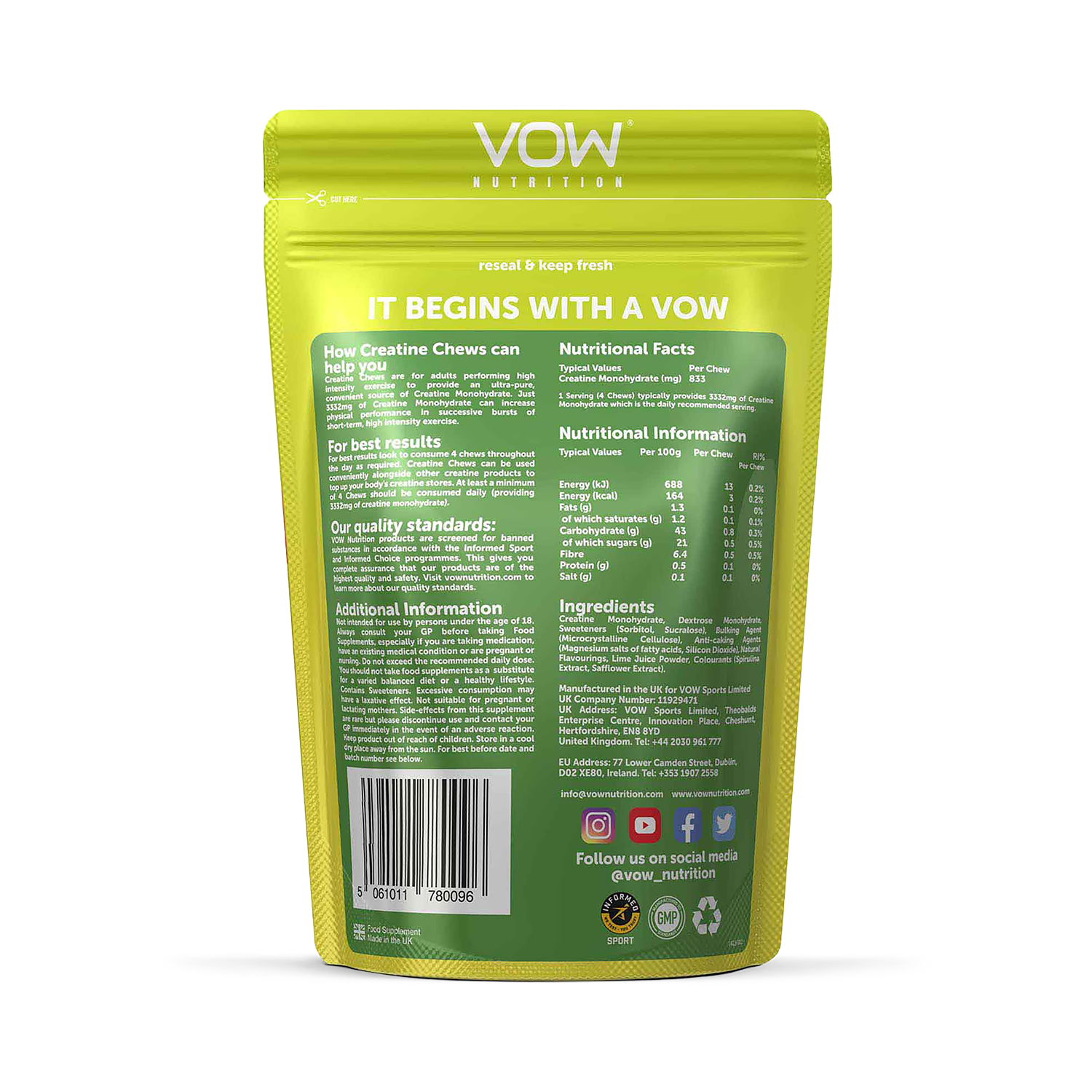 Vow Nutrition Creatine Chews Apple Mango & Lime 100 Chews, UK version