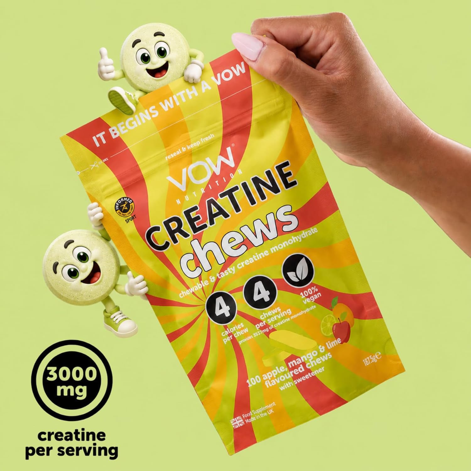 Vow Nutrition Creatine Chews Apple Mango & Lime 100 Chews, UK version