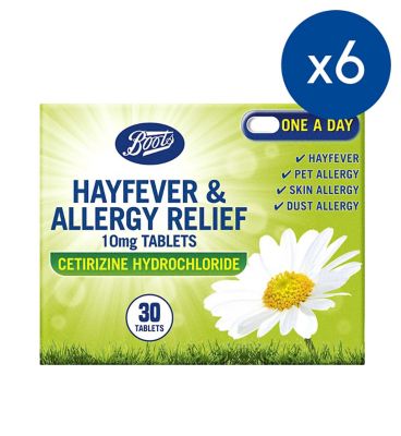 Boots Hayfever & Allergy Relief 10mg Tablets Cetirizine - 6 x 30 Tablets (6 Months Supply bundle) First Aid Boots   