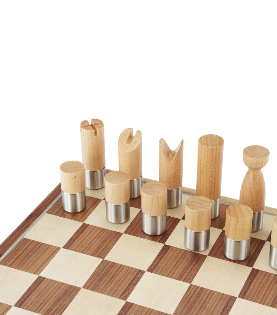Royal Selangor Modernist chess set in walnut and pewter, UK version