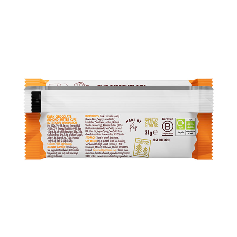 Pip & Nut dark chocolate almond butter cups 31g, imported from the UK