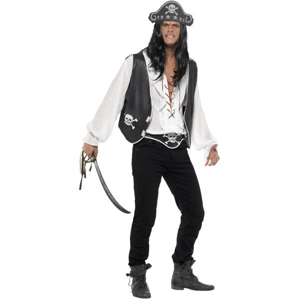Smiffys pirate set black hat waistcoat belt, UK version