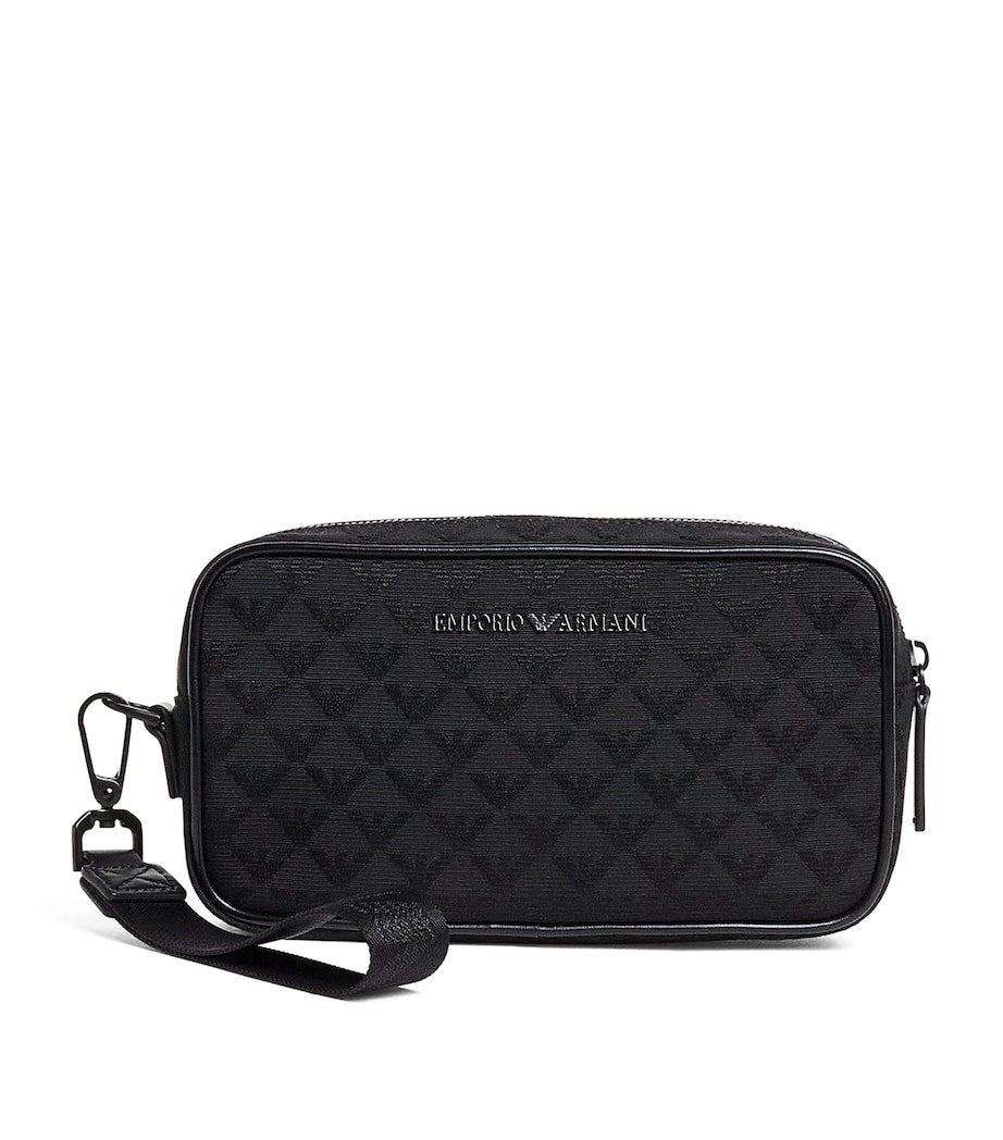 Emporio Armani jacquard logo wash bag with wrist strap, UK version