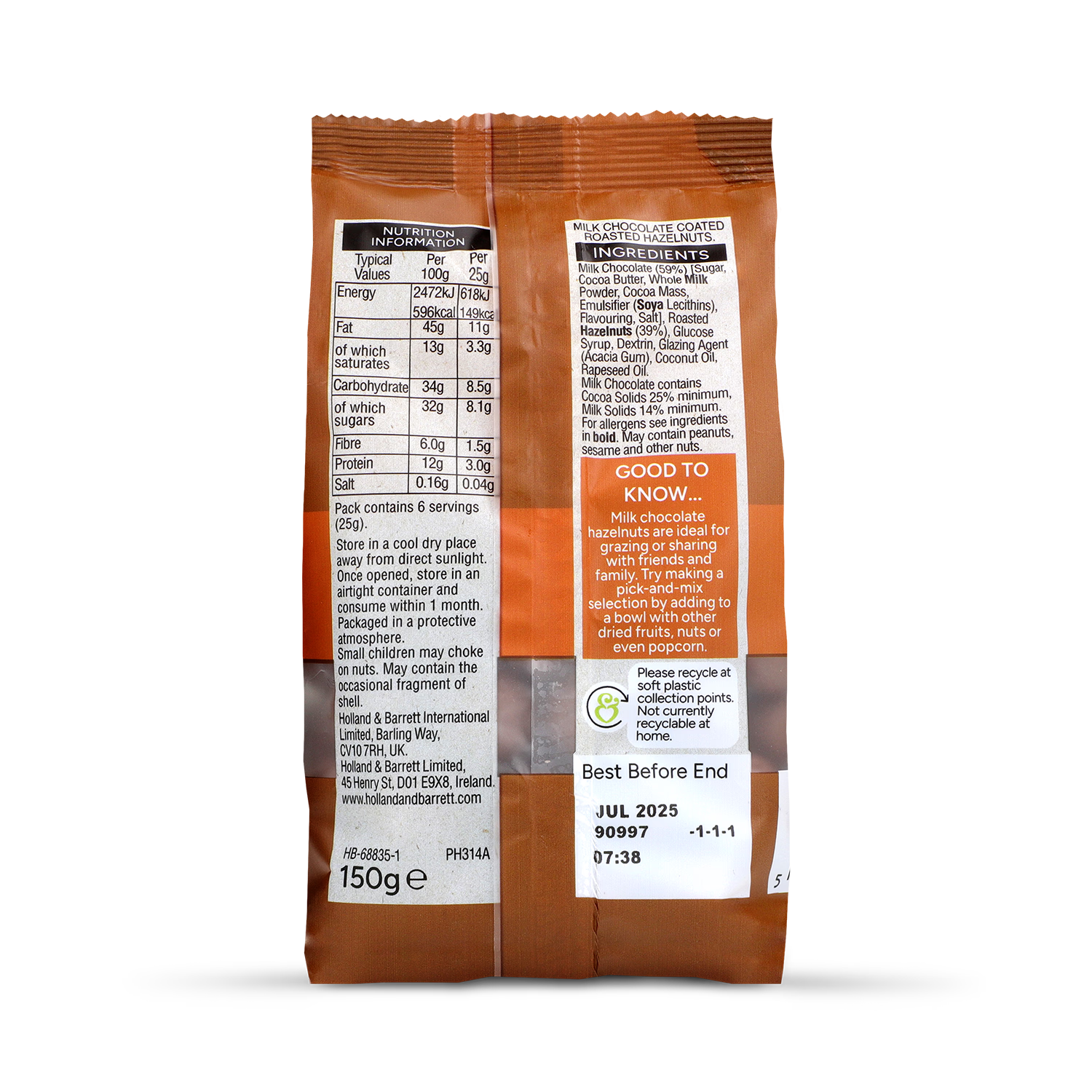 Holland & Barrett milk chocolate hazelnuts 150g, UK version