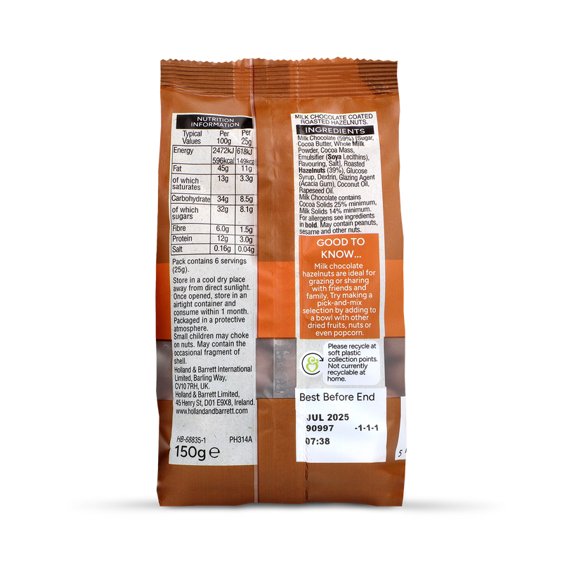 Holland & Barrett milk chocolate hazelnuts 150g, UK version