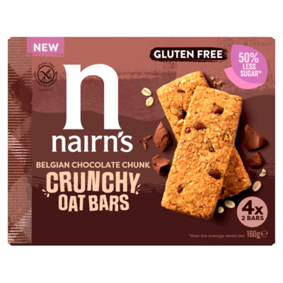 Nairn's Belgian Chocolate Chunk Crunchy Oat Bars 160g, imported from the UK