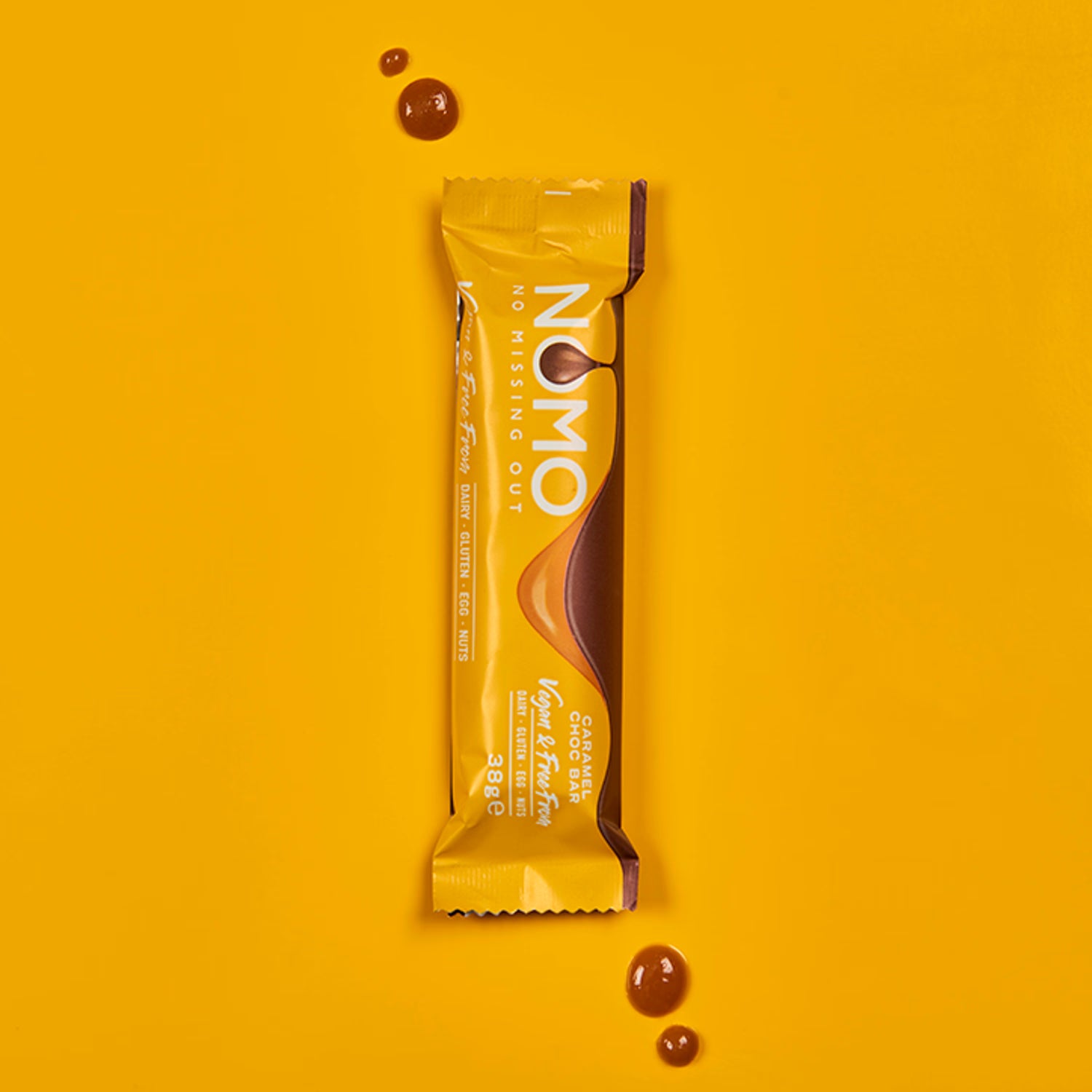 NOMO Vegan Caramel Filled Chocolate Bar 38g, imported from the UK