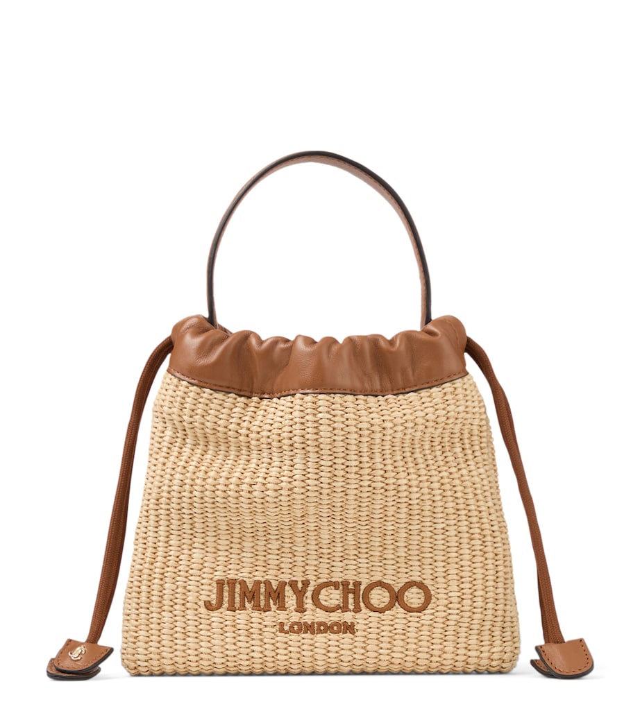 Jimmy Choo raffia drawstring pouch with leather trim, UK version