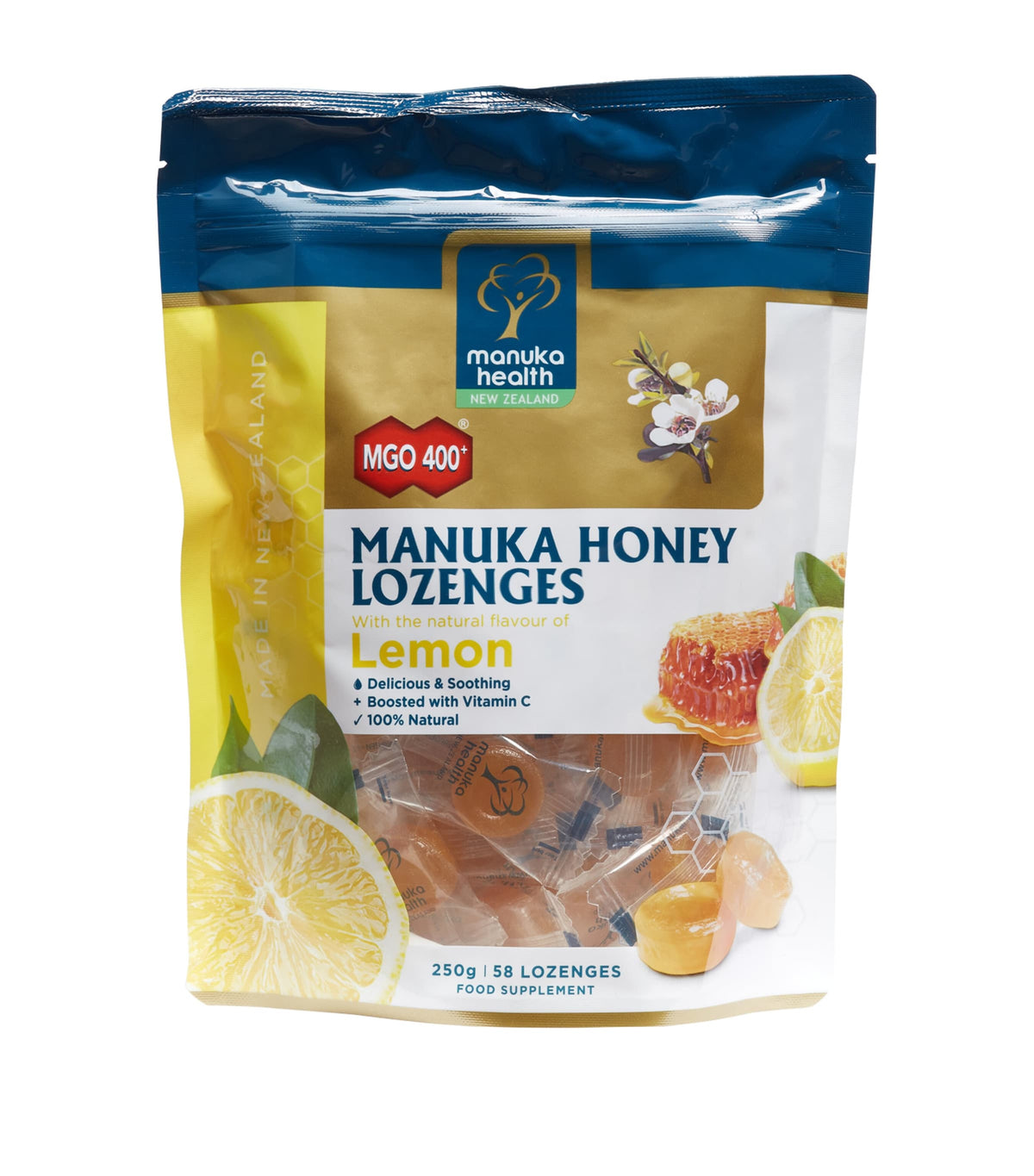 Manuka Health lemon lozenges pack of 58, imported from the UK